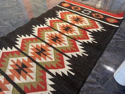 Kilim Rug, Bohemian Indian Jute Rug, Handwoven Wool Jute Boho Jute Rug Southwest - Image 1 of 4