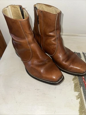 复古男式牧马人棕色皮革侧拉链切尔西踝靴男式 8 EE — 第 1/4 张图片