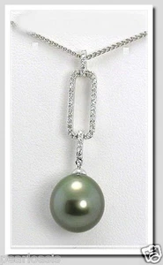 11.74MM Dark Gray Tahitian Pearl Diamond Pendant/Chain 14K Gold 16" NEW - Picture 1 of 2