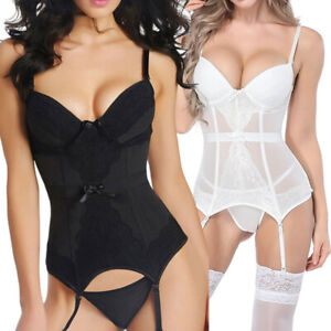 Women's Sexy White & Black Lace Tops Basque Corset Suspender Lingerie With Thong