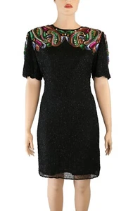 Carina Vintage 80s Rainbow Sequin Beaded Black Silk Formal Party Prom Dress 3X - Picture 1 of 4