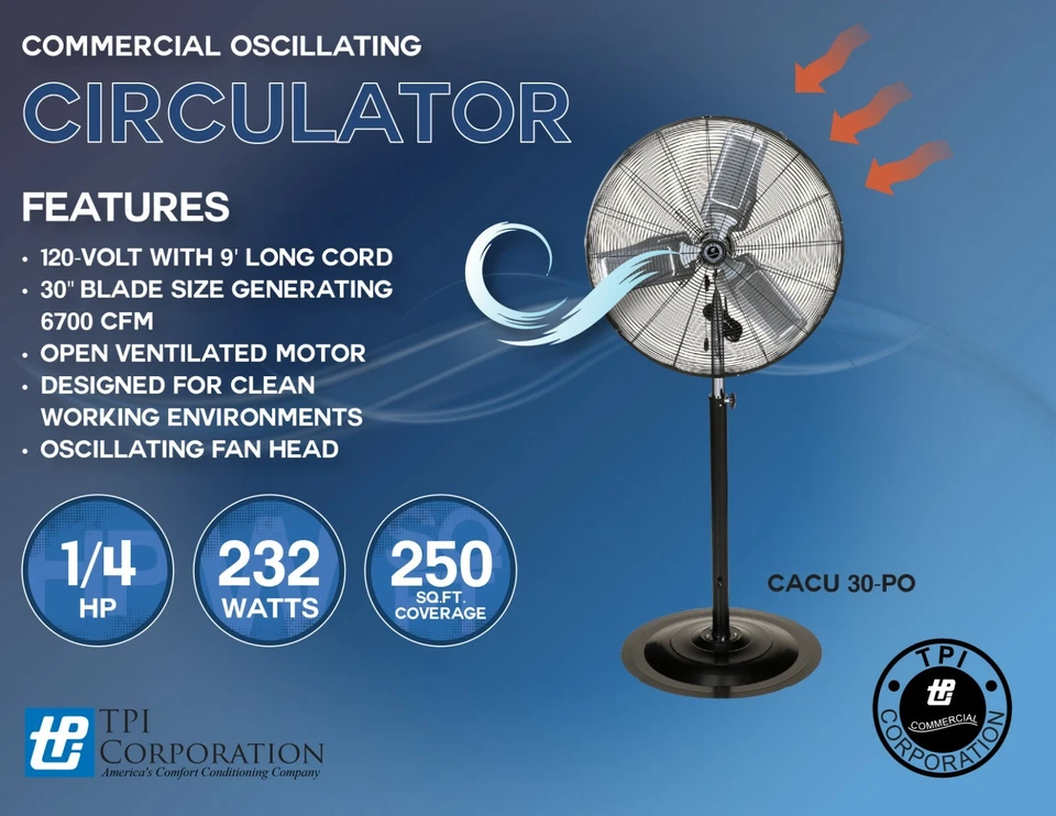 Ventilador oscilante comercial montaje pedestal TPI CACU30-PO 30" 4200/3800/3500 120V Foto 1 de 2