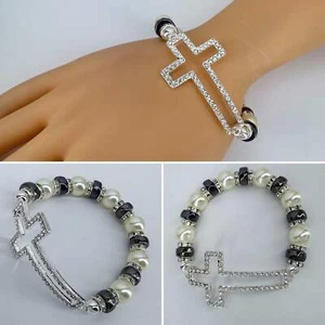 Silver Finish Hematite Beads with Pearls Stretchable Bracelet with Cut out Cross - Picture 1 of 4
