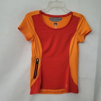 Camisa REI Feminina XXS Laranja Manga Curta Zíper Bolso Ativo Caminhada Corrida - Imagem 1 de 4