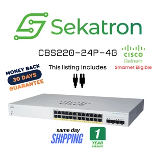 ♻️ Cisco Refresh CBS220-24P-4G 24-Port PoE+ Gig Switch w/ 4 SFP Uplink⚡Fast Ship - Afbeelding 1 van 2
