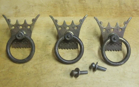 3 Antique Eastlake Victorian Brass Drop Ring Drawer Pulls - "Crown" Backplate Cover
