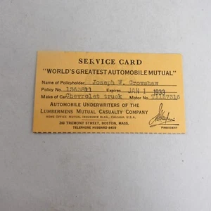 Tarjeta de servicio vintage Lumbermens Mutual Ins. Chevrolet Truck Boston MA 1933 - Imagen 1 de 2
