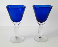 Cobolt Blue Hand Blown Water Goblet Glass Bubble Clear Stem Set of 2 Pre-owned 