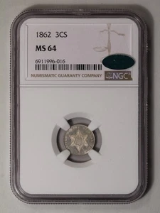 1862 Three Cent Piece - Silver Type 3 3CS NGC MS64 (CAC) - Picture 1 of 4