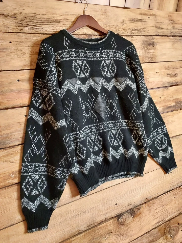 Suéter Geométrico Vintage Stefano Hombre L Retro Años 80 Negro con Parches de Cuero  Foto 1 de 4