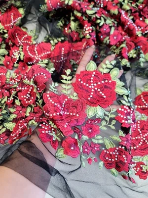 Fabric By The Yard Lace Embroidery Red Floral Rhinestones Black Mesh For Dress - Image 1 of 4