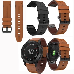 Black/Brown Leather Watchband Strap Quick Wristband For Garmin Fenix 7X 7 6X 6 - Photo 1 sur 10