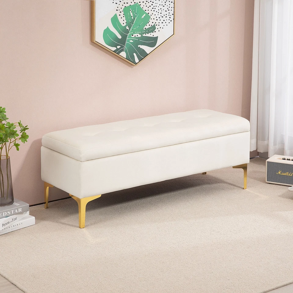 HOMCOM Sitzbank mit Stauraum, Polsterbank mit Samtoptik, Metallbeine, Beige - Bild 1 von 4