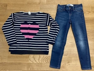 Girl's Crewcuts & Old Navy Outfit sz 6 - Navy Striped Heart Sweater w/Jeans EUC - Picture 1 of 8