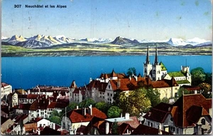 SWITZERLAND 1938 PICTORIAL POSTCARD NEUCHAETEL ALPS ADRR ENGLAND CANC ZURICH - Picture 1 of 2