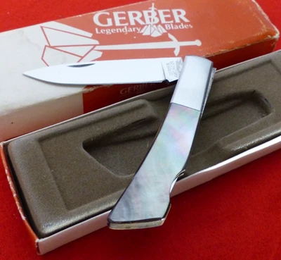 Gerber USA Made 3.75" Closed Black Pearl Silver Knight Lockback Lock Blade Knife - Image 1 of 4