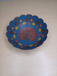 Vintage Brass Enamel Peacock Bowl Scallop Edge Pedestal Trinket Dish India 8x2.5 - Picture 1 of 9