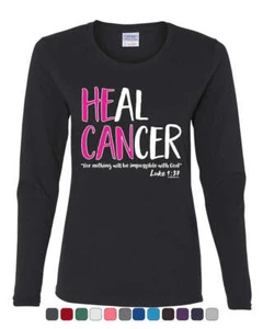 He Can Heal Cancer Luke 1:37 Women's Long Sleeve Tee Breast Cancer Awareness - Picture 1 of 7