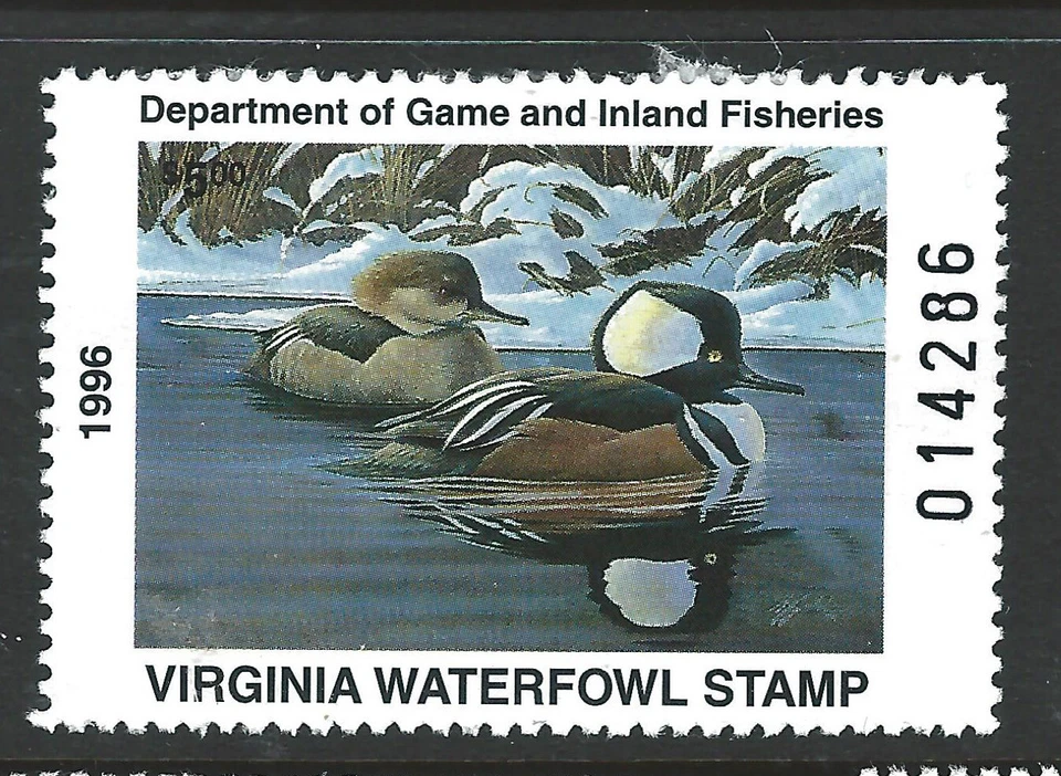 VA-9, 1996 Virginia Duck Stamp, $5.00 Hooded Mergansers - Image 1 of 1