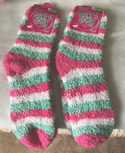2 Pairs Non-Skid Soft & Cosy Pink/Green Stripe Slipper Socks 9-11 - Picture 1 of 3