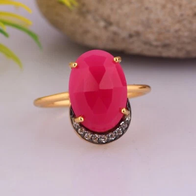 Anel de noivado folheado a ouro amarelo corte oval calcedônia rosa natural com zircônia CZ presente - Imagem 1 de 4