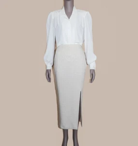 Vintage 80s Beige Linen High Waisted Long Midi Pencil Skirt Size 4 Work Office - Picture 1 of 6