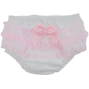 Baby Girls Romany Frilly Knickers Pants Pink Double Satin Bow & Lace Soft Touch - Picture 1 of 4