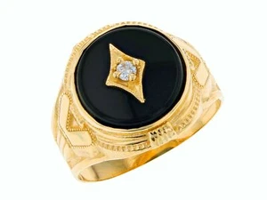 10k or 14k Real Yellow Gold White CZ Round Onyx Handsome Mens Ring - Picture 1 of 6