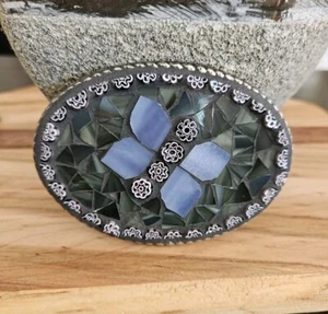 Western Belt Buckle Butterfly Mosaic Stained Glass  Artisan Silver Tone  - Picture 1 of 10
