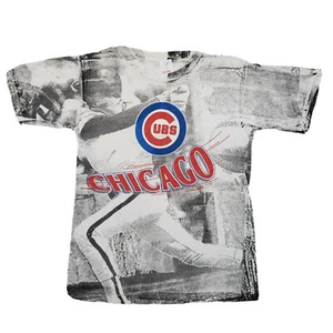 Vintage 1990 Chicago Cubs T Shirt All Over Print Single Stitch Small 90s MLB AOP - Picture 1 of 12