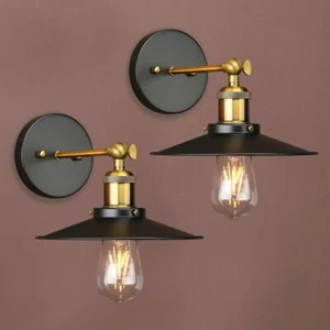 Pair Retro Industrial WalL Sconces Metal Lampshade Loft Antique Brass Lights - Picture 1 of 9