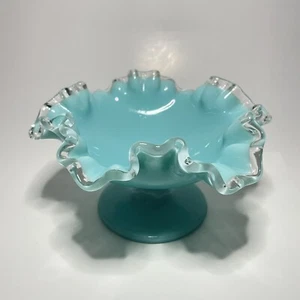 Gorgeous Fenton Turquoise Silver Crest Pedestal Candy Dish Double Crimped - Picture 1 of 4
