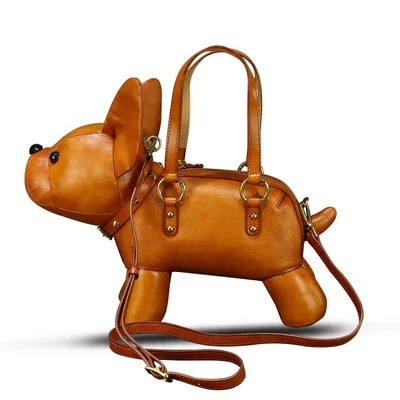 Bolsa de mão de couro genuíno feminina em forma de cachorro animal bolsa tiracolo de ombro - Imagem 1 de 4