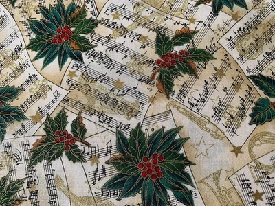 NUEVO: 1 yarda + 1" de "PARTITURAS con PUNINTSETTIAS" e instrumentos metálicos dorados 45" Foto 1 de 3