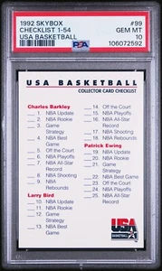 Tarjeta de baloncesto 1992 Skybox Team Estados Unidos #99 lista de verificación 1-54 | PSA 10 gema como nueva Pop 18 - Imagen 1 de 4