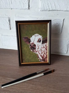 Cow Original Painting Farmhouse Art Calf Artwork Framed 7 by 5 Farm Animal. - Picture 1 of 8