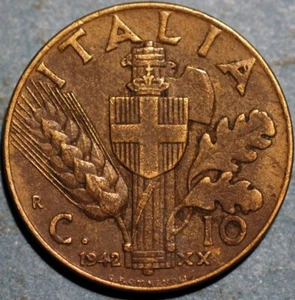 Italy 10 Centesimi 1942 XX Vittorio Emanuele III  KM# 74a - Picture 1 of 2