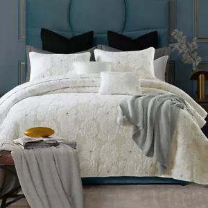 100% Cotton Cover Lightly Quilted Coverlet Set Floriade Cream - Picture 1 of 4