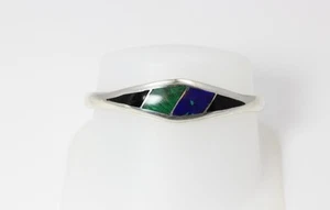 Sterling Silver Hinged Bracelet w/Inlaid Onyx, Malachite & Azurite 6.5" - 2802 - Picture 1 of 6