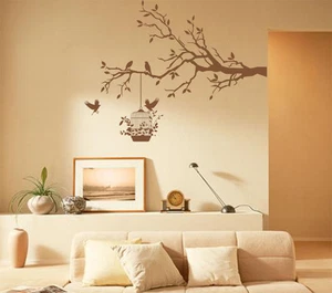 'Tree Branch, Birds & Cage' Art Vinyl Wall Sticker, DIY Wall Decal- HIGH QUALITY - Picture 1 of 11
