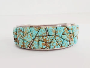 Native American Signed Sterling Silver #8 Turquoise Cobble Design Cuff Bracelet - Picture 1 of 15