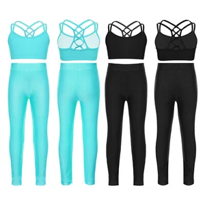 Kids Girls Tracksuit Running Crop Tops With Pants Athletic Swimsuit Gym Surf - Picture 1 of 22