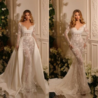 Luxury White Wedding Dresses V-Neck with Detachable Train A-Line Bridal Gowns - Image 1 of 4