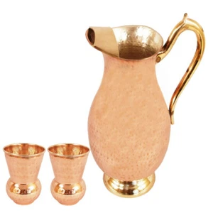 Jarra de cobre y latón martillada diseño mogol con vaso de vidrio utensilios para beber - Imagen 1 de 4