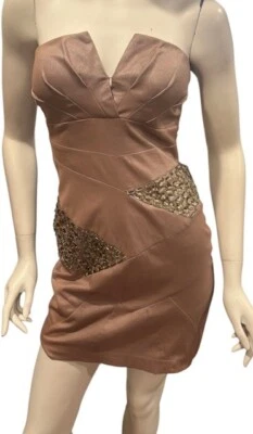 Faviana New York Size Small Metallic Tan Jewel Embellished Formal Club Dress S - Image 1 of 4