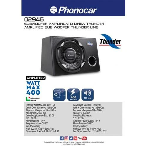 Subwoofer amplificato boxato 400W 300mm (12'') Phonocar 02946  - Immagine 1 di 1