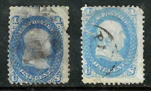 Sc #63 X  2 Shades Spacefiller Cancelled 1 Cent Franklin 1861-62 US 61E15