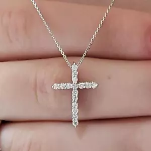 14Kt Gold 0.25 Ct Genuine Natural Diamond Cross Pendant Necklace - Picture 1 of 11