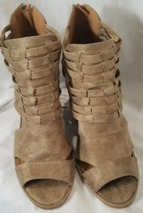 QUPIED WOMEN'S STRAPPY PEEP TOE BLOCK HEEL BOOTY SHOE TAUPE SIZE 7 #3097 - Picture 1 of 15