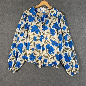 Witchery Shirt Womens 18 Plus Blue Beige Linen Silk Button Up Collared Flowers - Picture 1 of 12